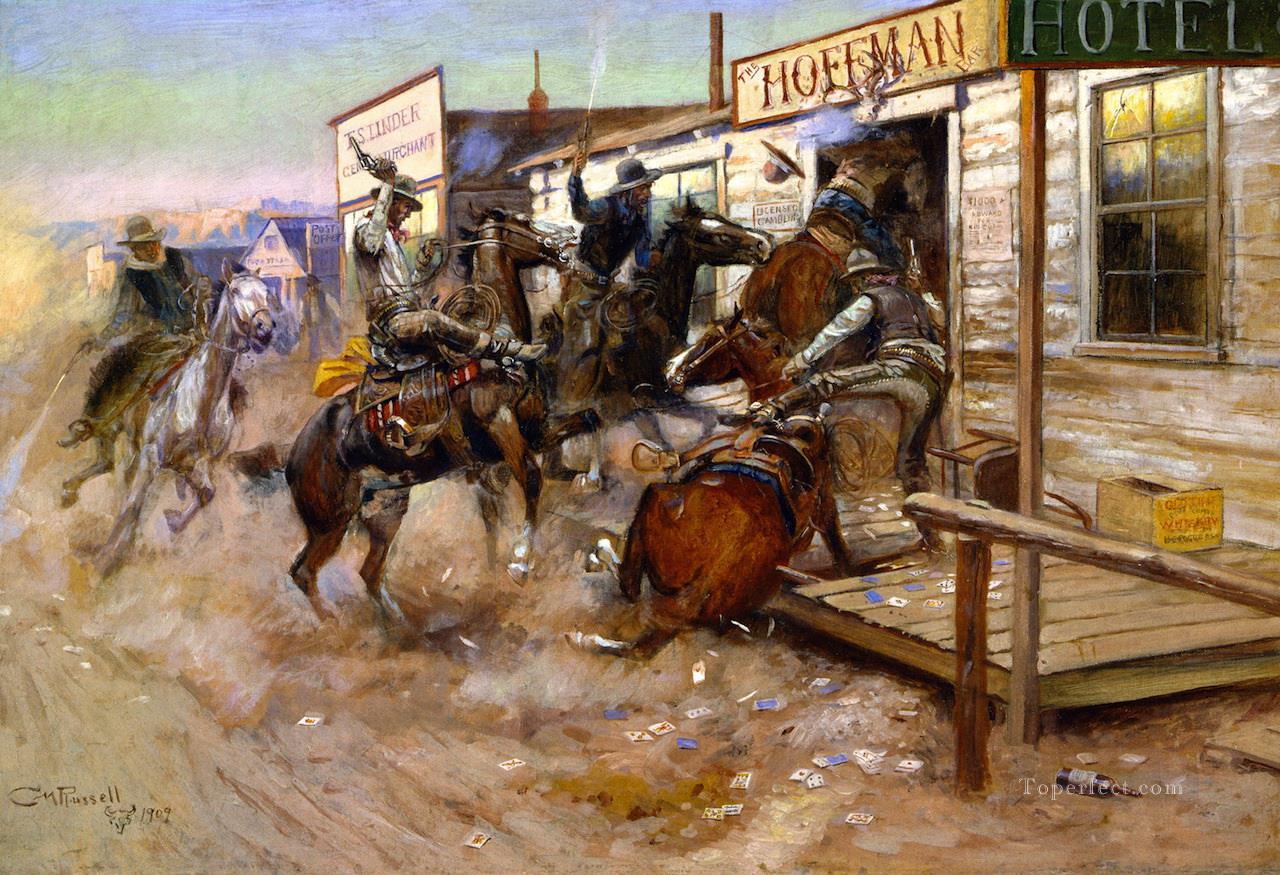 Entra sin llamar 1909 Charles Marion Russell Vaquero de Indiana Pintura al óleo